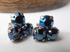 Metallic Blue Girl Flower Studs / Crystal Pierced Post Jewelry / Gift for her / Platinum Plated