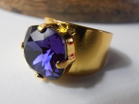 Purple Velvet Crystal Cuff Ring - Gold Band Ring - Square Cushion Ring - Woman's Statement Jewelry Birthday Gift for Girlfriend