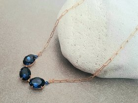 Dark Blue Sapphire Oval Crystal Necklace, Gold Chain Celebration Choker, Tennis Cup chain, Statement Jewelry, Girlfriend Birthday Gift