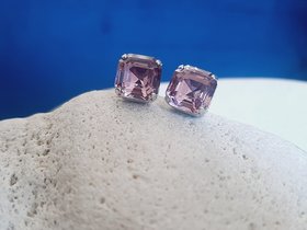 Antique Pink Square Post Earrings, Asscher Cut Crystal, Imperial Pierced Studs, Fancy Silver Jewelry, Wife Anniversary Gift