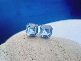 Light Sapphire Blue Square Stud Earrings, Asscher Cut Crystal, Imperial Pierced Post, Fancy Silver Jewelry, Girlfriend Love Gift