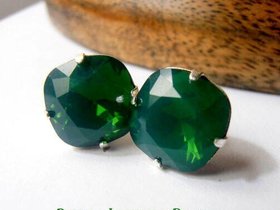 Palace Green Opal Stud Earrings / Cushion Cut / Post Pierced Studs / 4470 12mm Crystal Square / Bohemian / Boho Gifts