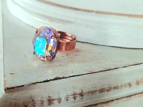 Aurora Shimmer Crystal Adjustable Band Ring in Antique Copper, Women Statement Jewelry, Oval Rings for Girls