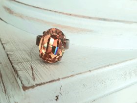 Handmade Bronze Band Adjustable Ring with Light Smoked Topaz Crystal, Antique Jewelry Birthday Gift, Victorian Cocktail Oval Ring