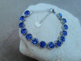 Sapphire Crystal Filigree Bracelet, Art Deco Platinum Jewelry for Women, Blue Bezel Bracelet, Wife Anniversary Gift