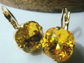 Light Topaz Crystal Cushion Dangle Earrings in Gold, Yellow Drop Lever back Earrings, Costume Party Jewelry for Women, Gifts for Birthday