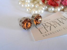 Light Smoked Topaz Crystal Studs / Art Deco Jewelry / Brown Rhinestones / Round Platinum setting / Gift for her