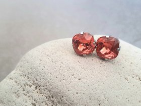 Padparadscha Cushion Cut Stud Earrings, Orange 12mm Crystal, Pierced Post Earrings 4470, Woman Fashion Jewelry