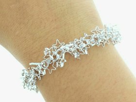 Celestial Chain Bracelet, Hollow Metal Charm Stars - Silver Chunky Cuff - Plain Statement Jewelry - Women's Birthday Gift for Girlfriend