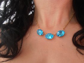 Aquamarine Blue collet necklace with Oval Crystals, Gold 13x18mm setting, Anna Wintour Statement Jewelry, Gift for her