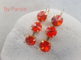 Hyacinth Orange Crystal Three Stone Dangle Earrings in Gold Rivoli Lever back Drop Earrings Statement Jewelry Anniversary Gift for Wife