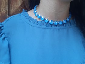 Blue Opal Choker Necklace Anna Wintour Bib Platinum Jewelry Rivoli Crystal 12mm Fashion Jewelry, Girls Birthday Gift