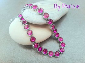 Fuchsia Crystal Necklace | Platinum Jewelry Art Deco Rhinestone Collet for Women