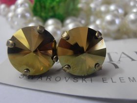 Crystal Iridescent Rivoli Stud Earrings / Green Crystals 12mm / 1122 Antique Bronze Post Pierced Earrings / Gift for her / Summer