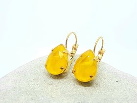 Yellow Lacquer Teardrop Crystal Earrings in Gold