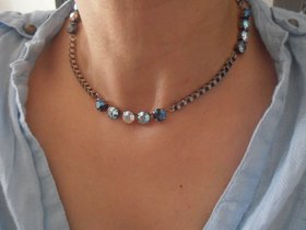 Blue Crystal Box Chain Necklace in Silver, Tennis Collet,  Everyday Jewelry for Women, Gift For Sister