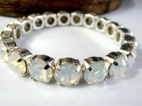 White Opal Crystal Stretch Bracelet: Sterling Silver Plated Rhinestone Cuff