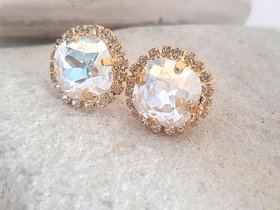Bridal Earrings Gold | Sparkly Cushion Cut Crystal Studs | Handmade Micropavé Earrings for Romantic Spring Boho Wedding Jewelry for Brides