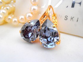 Denim Blue Crystal Dangle Earrings: Gold Plated Teardrop Jewelry
