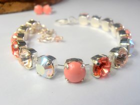 Peach Multi color cup chain Bracelet / Crystal Handmade Tennis Jewelry / Birthday Gift  / Chatons 8mm in Silver Setting