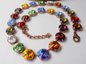 Rainbow Crystal Copper Necklace, Rivoli Choker, Antique Jewelry, Round Tennis Cup chain, Wife Birthday Gift