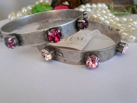 Layered Metal Cuff / Pink Crystal Bracelets / Bohemian Bracelet / Metal Bangle / Gipsy Bracelet / Antique silver Plating / Ethnic bracelet