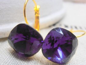 Purple Velvet Cushion Cut Gold Lever back Earrings / Square Dangle Drops / 4470 12mm Jewelry / Women Birthday gift