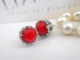 Handmade Red Coral Opal Filigree Post Earrings, Crystal Pierced Studs, Art Deco Platinum Jewelry, Prom Girl Gift