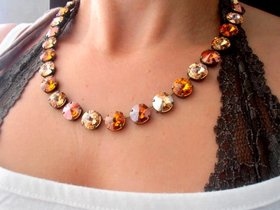 Handmade Brown Multi color Rivoli Crystal Necklace in Antique Bronze, Anna Wintour Jewelry, Woman Birthday Gifts