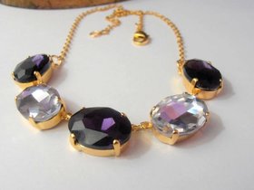 Purple Gold Oval Crystal Necklace, Chain Collet, Statement Bib 14K Gold plated, Estate Jewelry