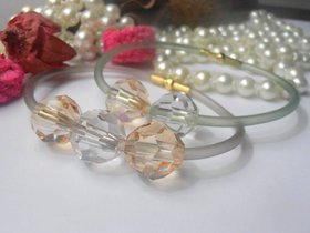 Crystal Beads Bracelet 12mm / Golden Shade Silver Shade /  Rubber Cord cuff / Beaded jewelry / 