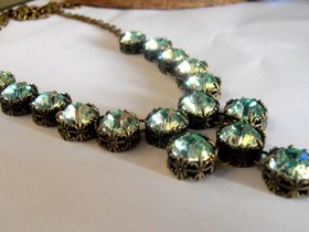 Chrysolite Green Crystal Bridgerton Style Bronze Necklace, Long Art Deco Filigree Antique Jewelry, Regency Era, Women Gift Ideas