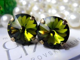 Olivine Green Rivoli Stud Earrings, Pierced Post, Antique Bronze Jewelry, Green Crystal 1122 12mm, Girlfriend Birthday Gift /