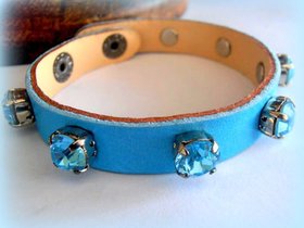 Turquoise Leather Cuff Bracelet / Aquamarine Crystal Bracelet /  Leather Strap Adjustable Bracelet / ss39 Crystal Chatons / Gift for her