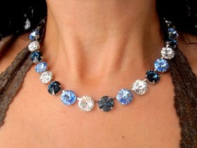 Montana Blue Crystal Necklace, Layering Silver Jewelry, 12mm Rivoli Crystal Choker, Multi-colors Tennis Cup-chain, Anna Wintour