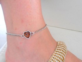 Heart Smoked Topaz Chain Anklet / Bare Foot Bracelet / Stainless Steel / Tan Brown Crystal Sandal Anklet Charm / Summer Foot Jewelry