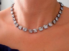 Crystal Blue Shade Princess Square Choker Necklace 8mm, Silver Tennis Cup chain 4447, Women Gift