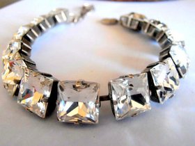 Diamond Clear Princess Square Bracelet 4447, Crystal Tennis Cup chain 8mm, Antique Silver Women's Jewelry, Anniversary Gift