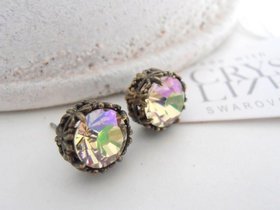 Bronze Stud Earrings, Luminous Green Post Earrings, Antique Jewelry, Crystal Pierced studs, Round Filigree, Girls Birthday Gifts