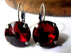 Siam Red Drop Earrings / 12mm Rivoli 1122 / Vienna Dangle Pierced Leverback Earrings / Women Christmas Gift / Antique Silver