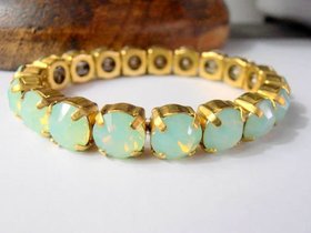 Chrysolite Opal stretch bracelet with Authentic crystal chatons / sew on cuff / Green Opal / Everyday jewelry