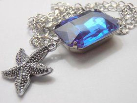 Blue Sapphire Crystal Starfish Charm Chain Necklace in Silver Plating