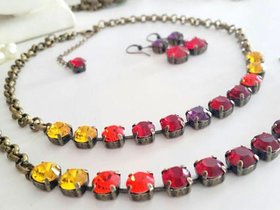 Hyacinth Crystal Necklac, Ombre Crystal Cup Chain, Tennis Choker 8mm, Vintage Style Jewelry, Orange Multi Colors, Birthday Gift For Her