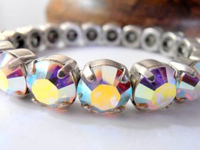 Aurora Borealis Stretch Crystal Bracelet, Wedding Stretch Cuff, Silver Sew on Bracelet for Women in Antique Silver, Mom Birthday Gifts