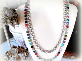 Long Cup chain Crystal Tennis Necklace, Bohemian Jewelry, Multicolor 8mm Chatons, Indian Boho Accessories, Gift for her