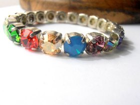 Mother's day Gift Multi color Stretch Bracelet, Sew on Crystal Cuff, Silver Prom jewelry