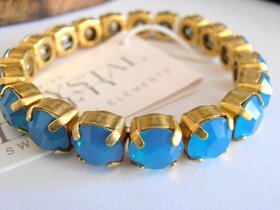 Caribbean Blue Opal Stretch Bracelet / Sew On Crystal Cuff / Antique Gold setting / Round Cup Bracelet / Gift for her