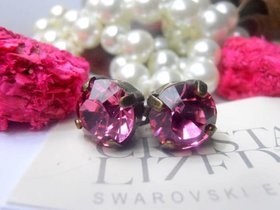 Rose Petal Post Bronze Earrings Crystal Chatons 8mm/ Round Pierced Studs / Antique Jewelry / Girl Birthday Gift