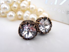 Art Deco Studs with Clear Crystals / Bridal Jewelry / Antique Bronze Filigree Pierced Post / Vintage Accessories