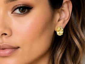 Elegant citrine crystal stud earrings worn on ear with natural makeup and soft everyday styling.